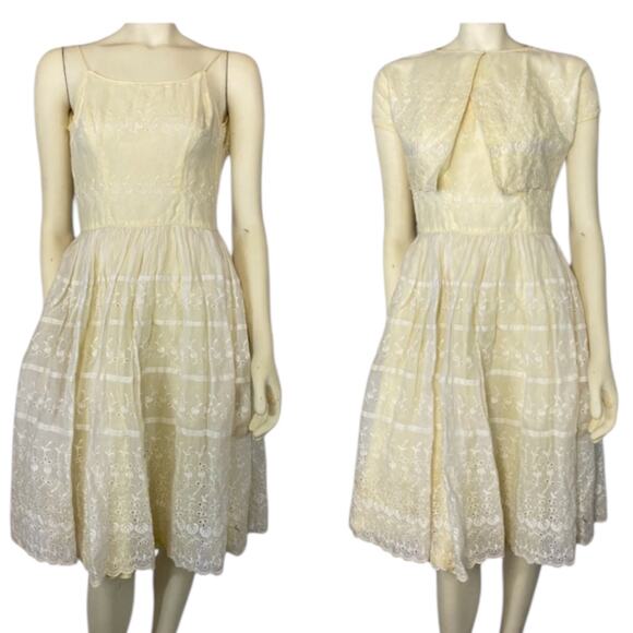 1950s Betty Lane Original Eyelet Lace Dress & Bolero Set – Ivory Cotton XS - Picture 1 of 12
